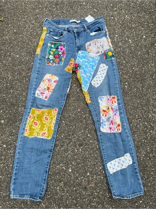 Levi's Denim - Levi's Blue Straight-Leg Jeans with Multi-Color Floral Patchwork